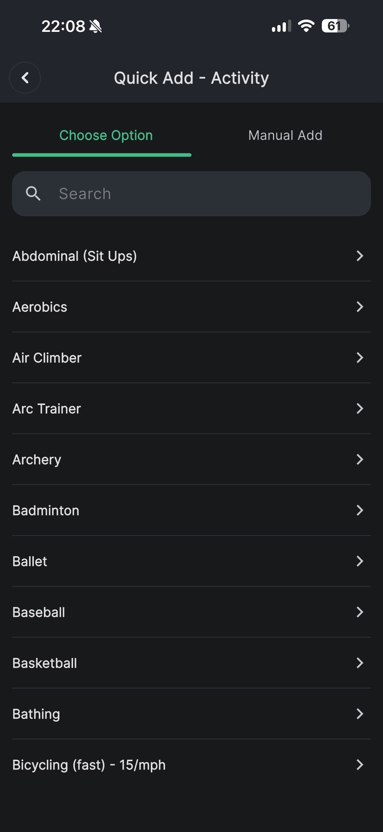 The activity picker with a searchable list running from abdominal sit ups and aerobics through badminton, basketball and bicycling.