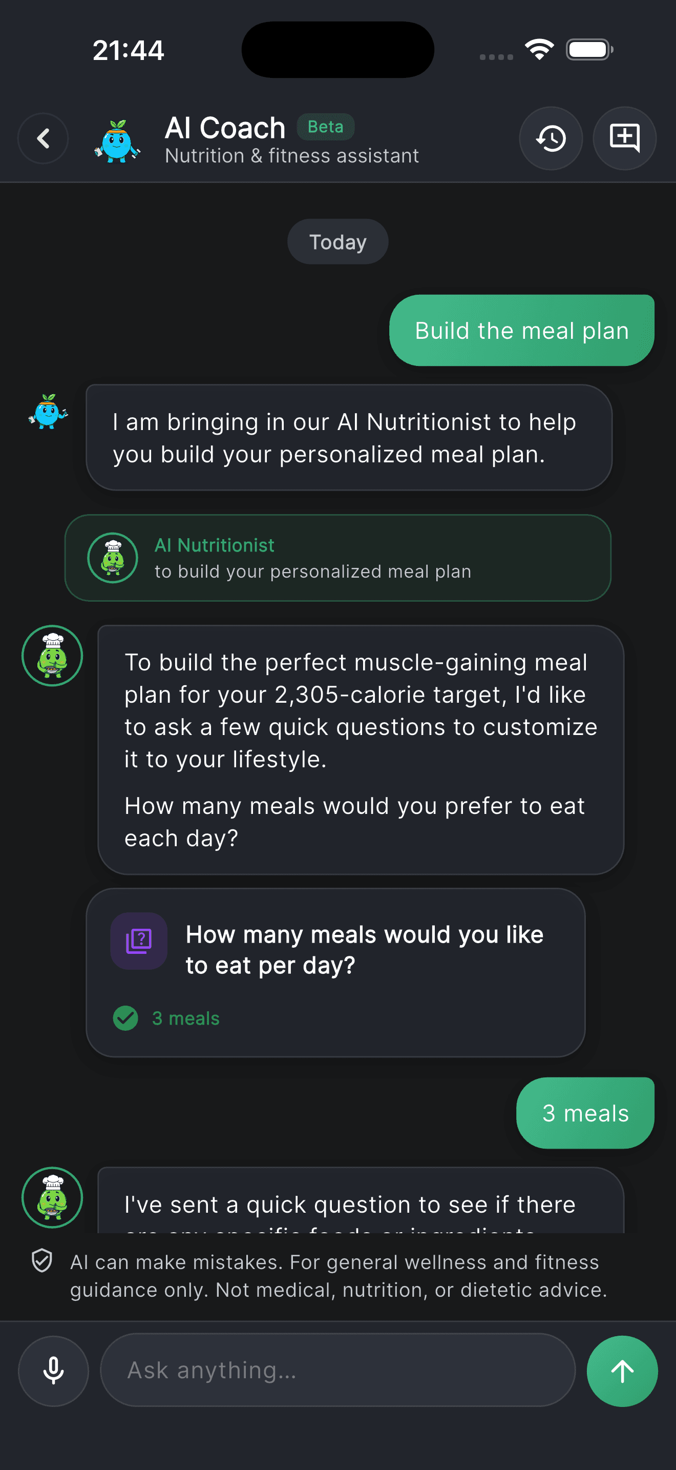 The describe screen asking what did you eat, with a tap-to-speak microphone and a box to type the meal instead.