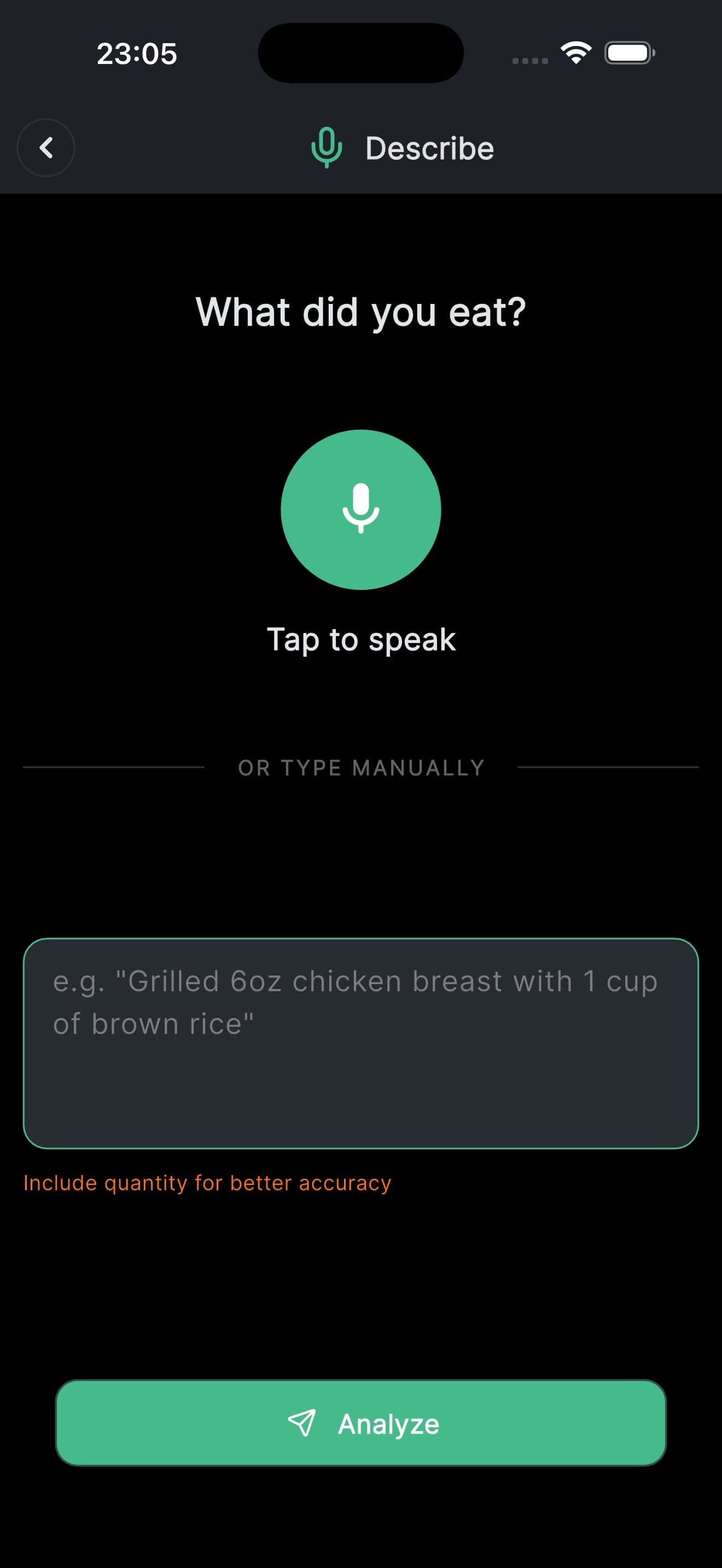 The Describe screen asking what did you eat, with a tap-to-speak microphone above a box for typing the meal instead, hinting at grilled 6 oz chicken breast with 1 cup of brown rice.