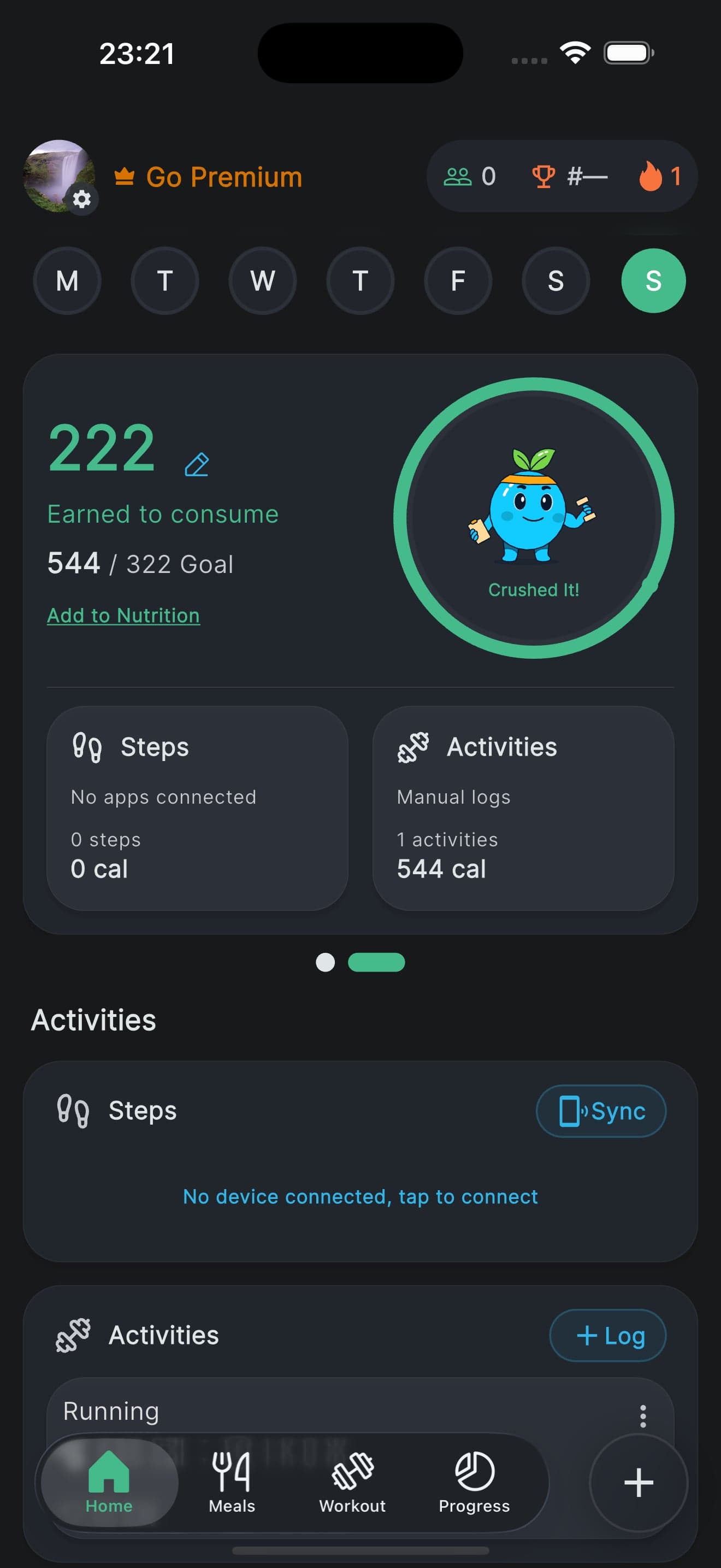 The home screen's activity card: 222 calories earned back to eat from 544 burned against a 322 goal, with steps and manual activity tiles and a link to add them to your nutrition.