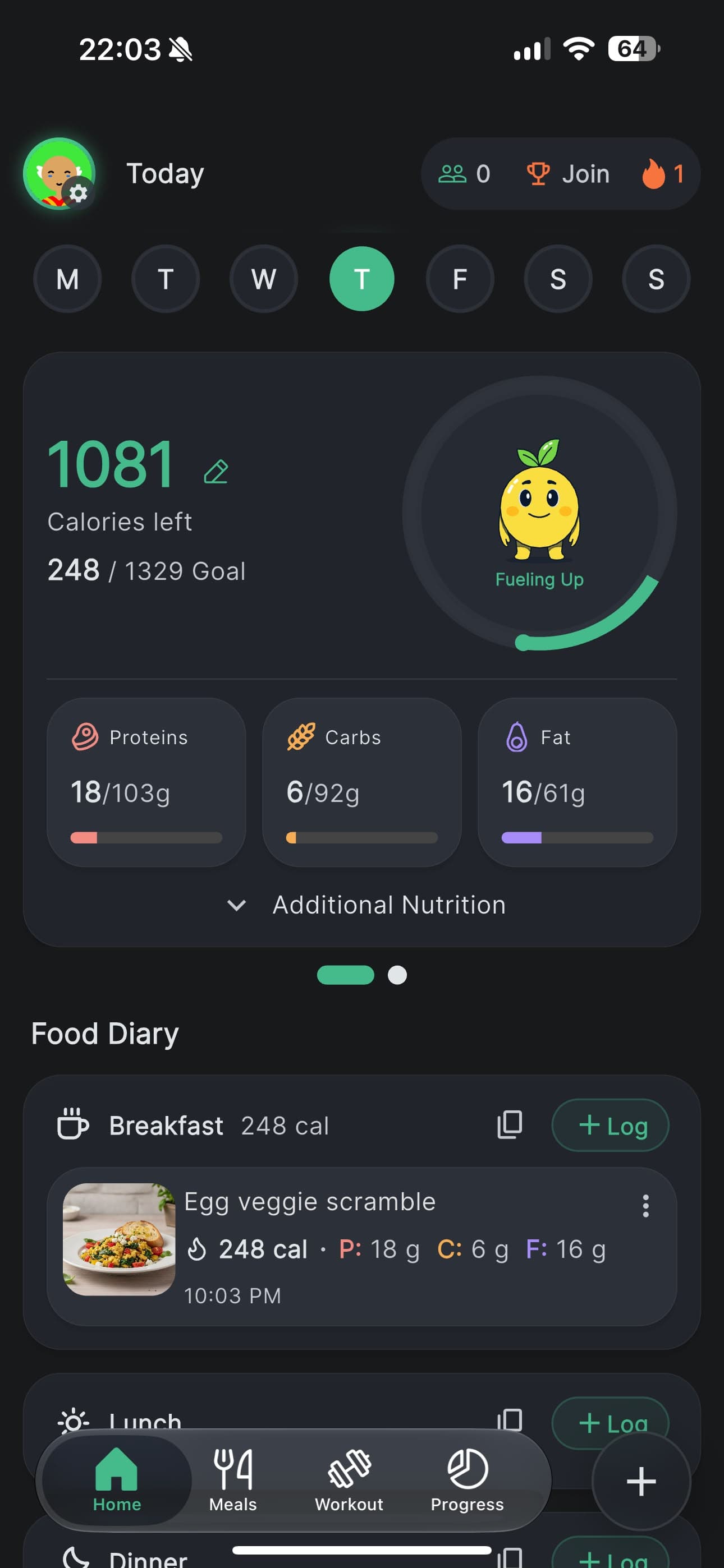 Calorii home screen: 1081 calories left of a 1329 goal, protein, carb and fat bars, a day streak, and today's food diary with breakfast logged.