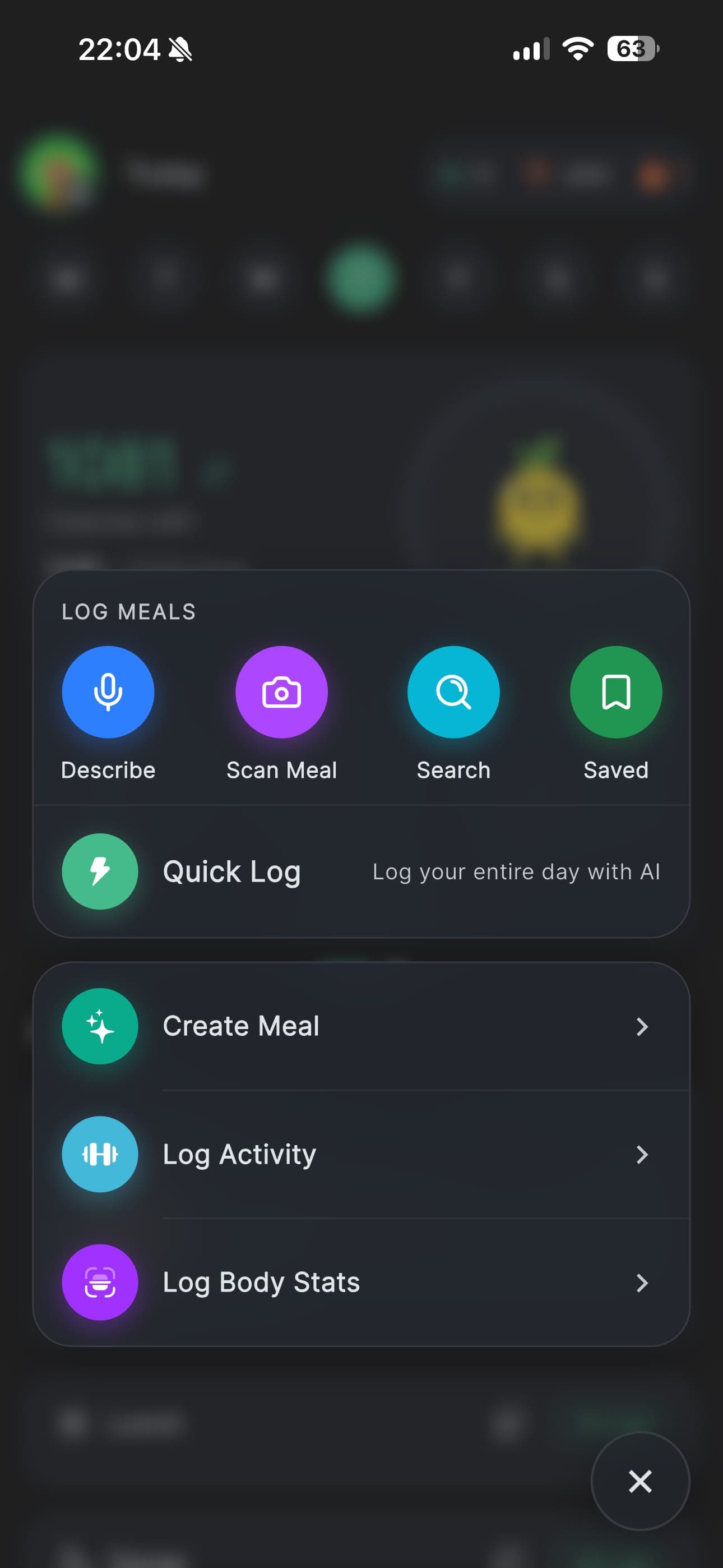 The log sheet offering describe, scan meal, search and saved shortcuts, plus quick log, create meal, log activity and log body stats.
