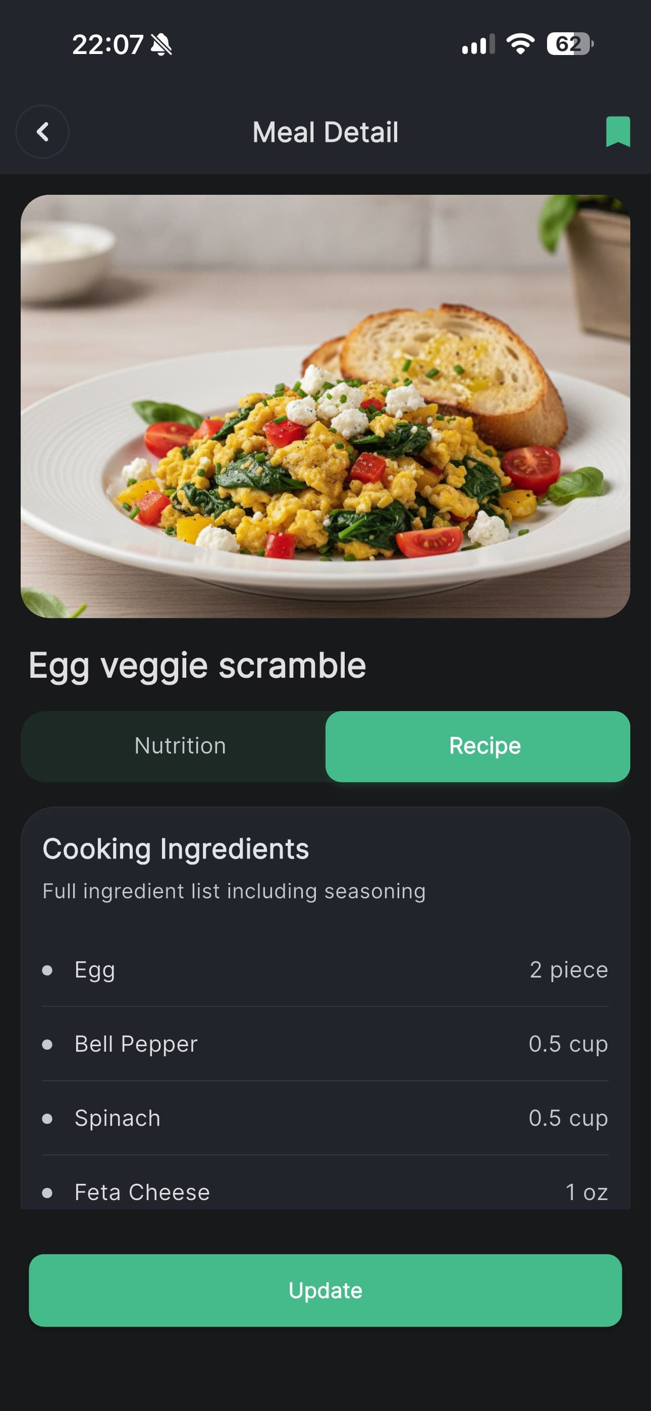 A meal detail page for an egg veggie scramble, switched to the recipe tab and listing every cooking ingredient with quantities.