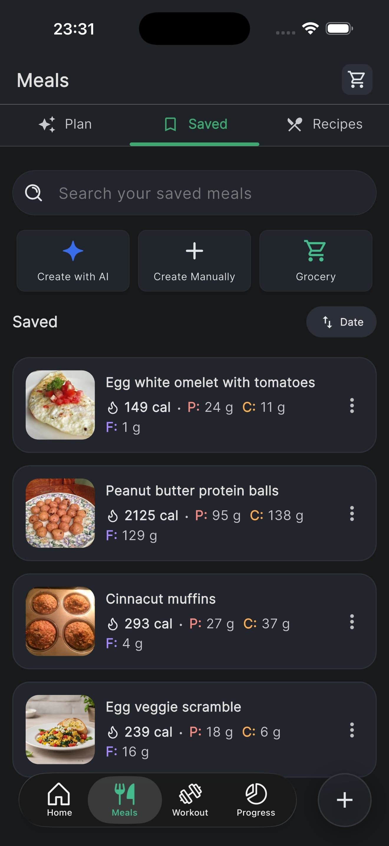 The saved meals tab listing an egg white omelet at 149 calories, peanut butter protein balls, cinnacut muffins and an egg veggie scramble, each with its macros and a grocery shortcut.