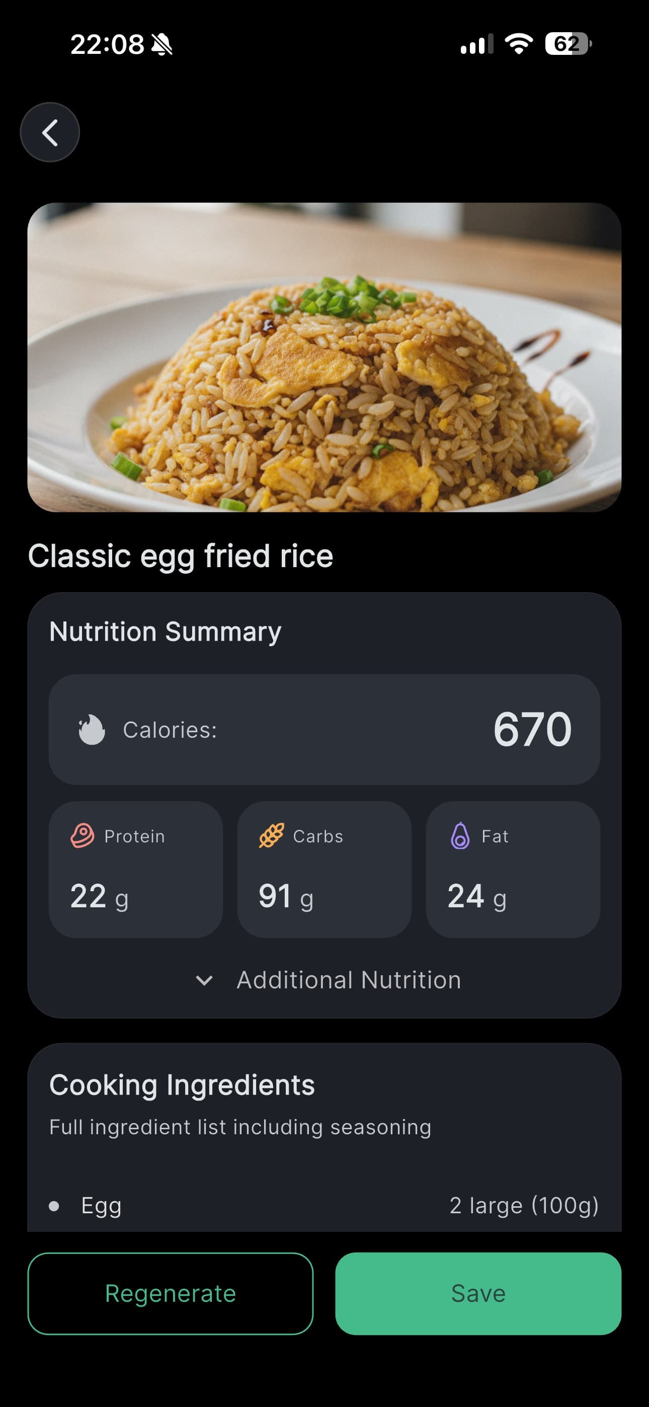 An analysed meal: classic egg fried rice at 670 calories with 22 g protein, 91 g carbs and 24 g fat, plus its ingredient list.
