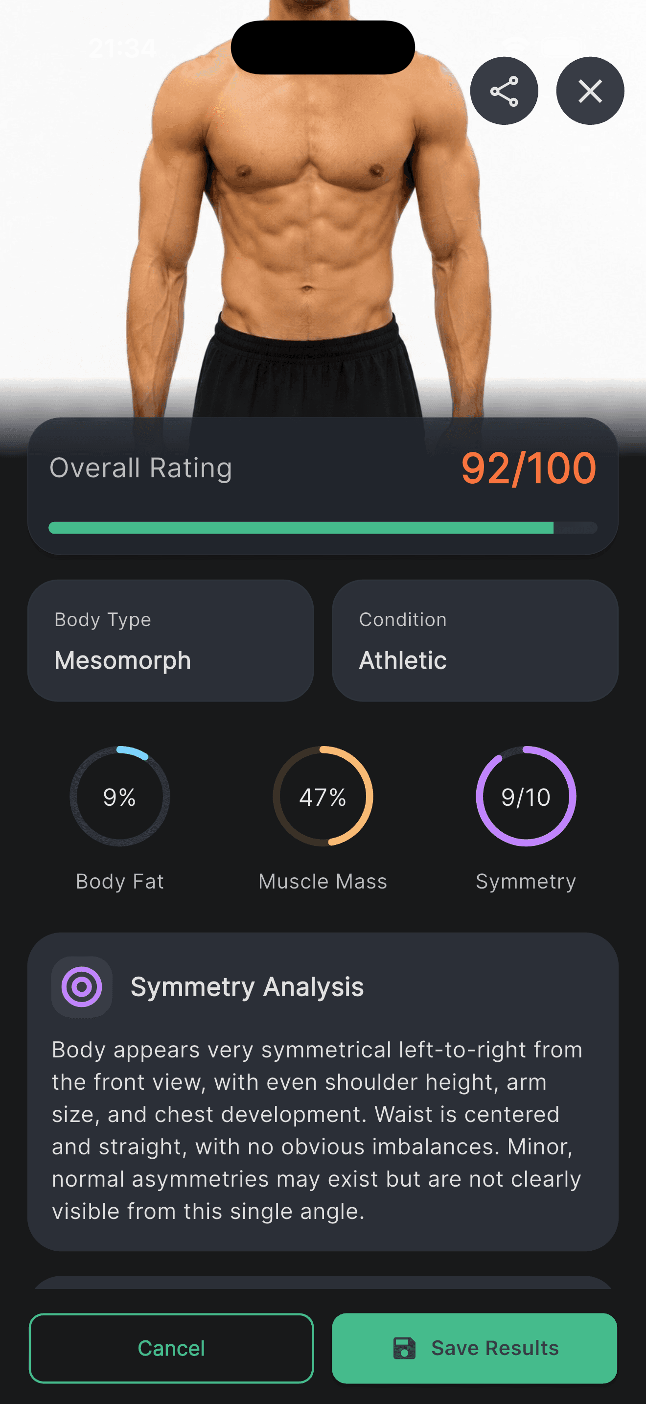 The progress tab with current weight, a body mass index of 29.3 on a banded scale, and an AI body scan card waiting for a new photo.