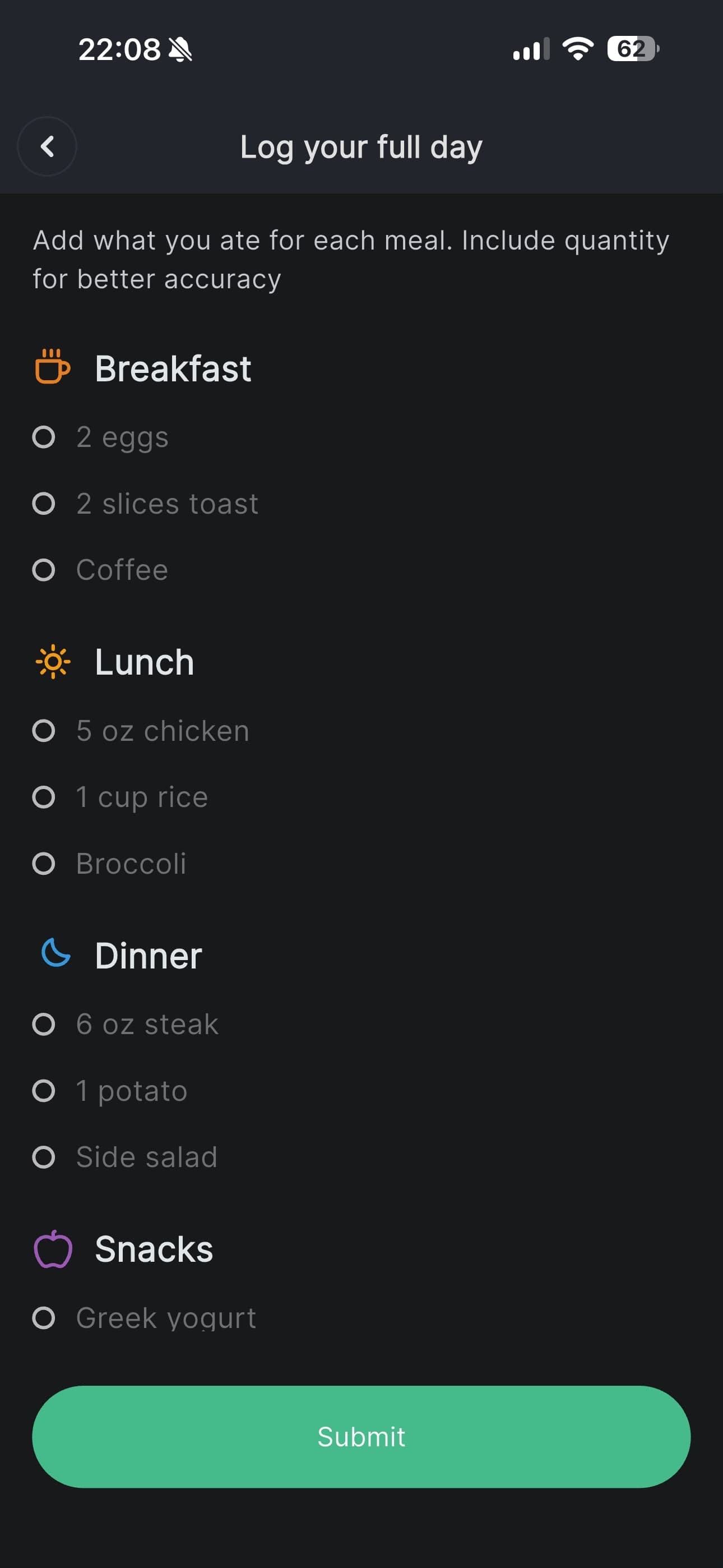 The quick log screen listing breakfast, lunch, dinner and snacks so a whole day of eating is entered in one pass.