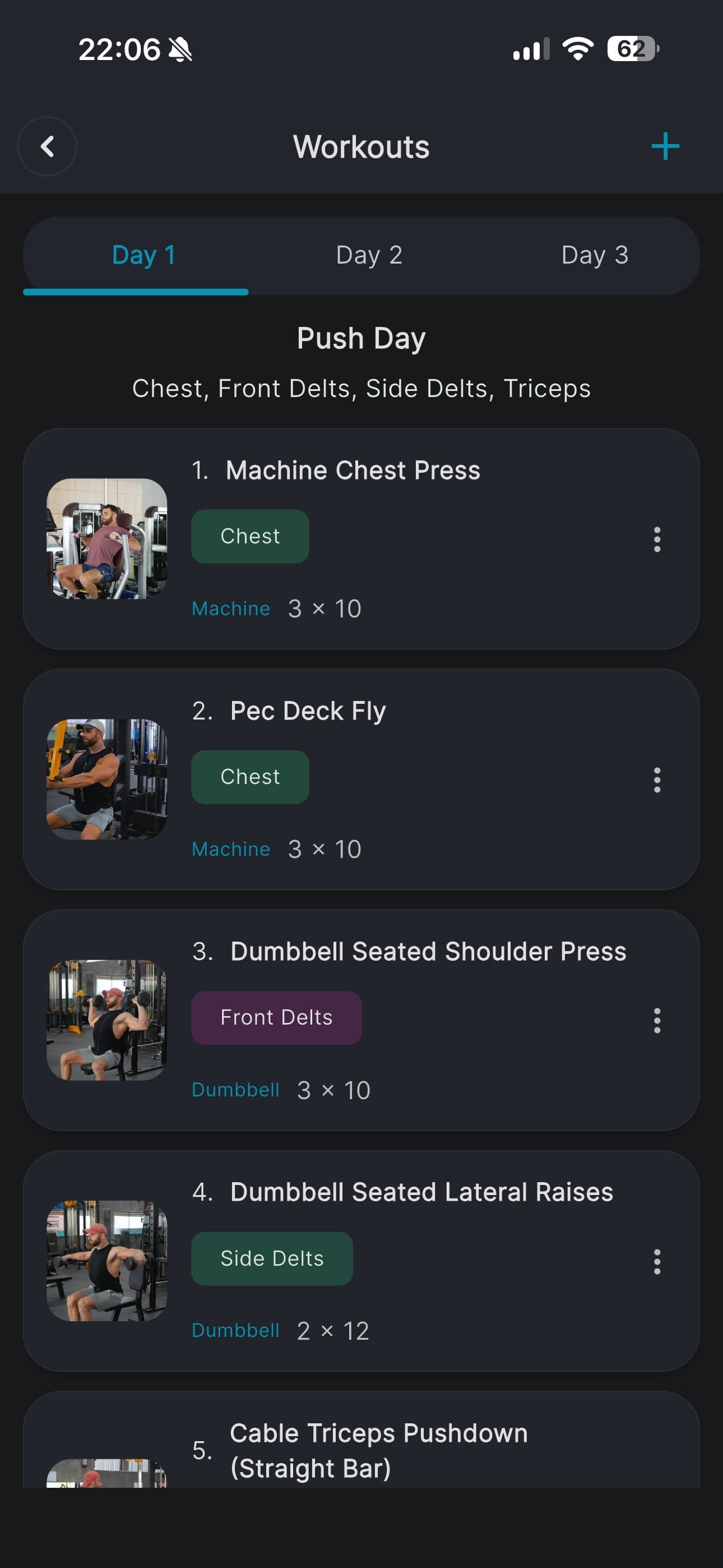 A push day broken into numbered exercises - machine chest press, pec deck fly, seated shoulder press and lateral raises - each with sets, reps and demo footage.