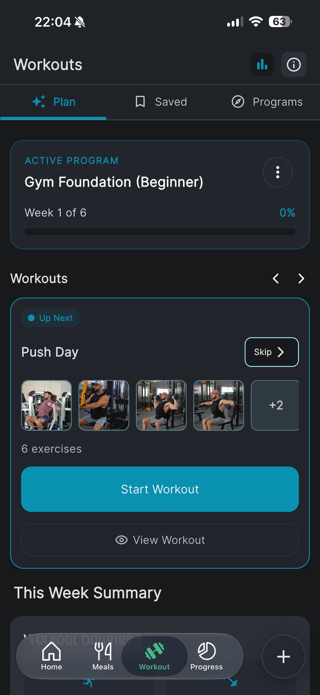 The workout plan tab with a six-week gym foundation program and a push day queued up next, six exercises ready to start.