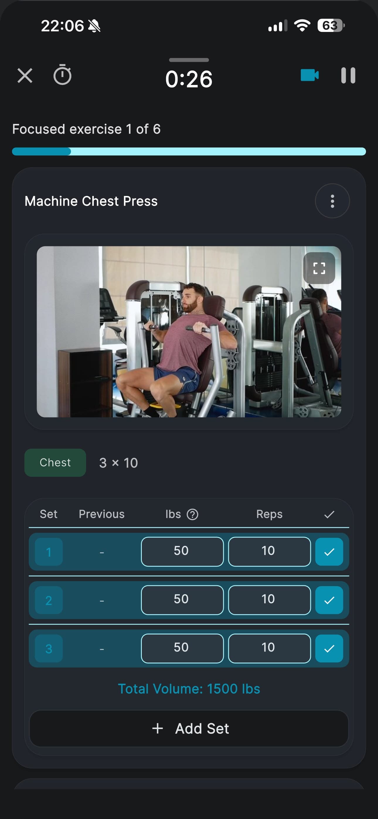 A workout in progress: machine chest press with demo video, three sets logged at 50 lbs for 10 reps, and a running total volume of 1500 lbs.